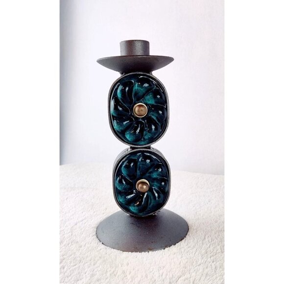 Candle Holder Stick Hand Blown Glass Forest Green Metal Gray India Boho Decor 7" - Picture 6 of 11